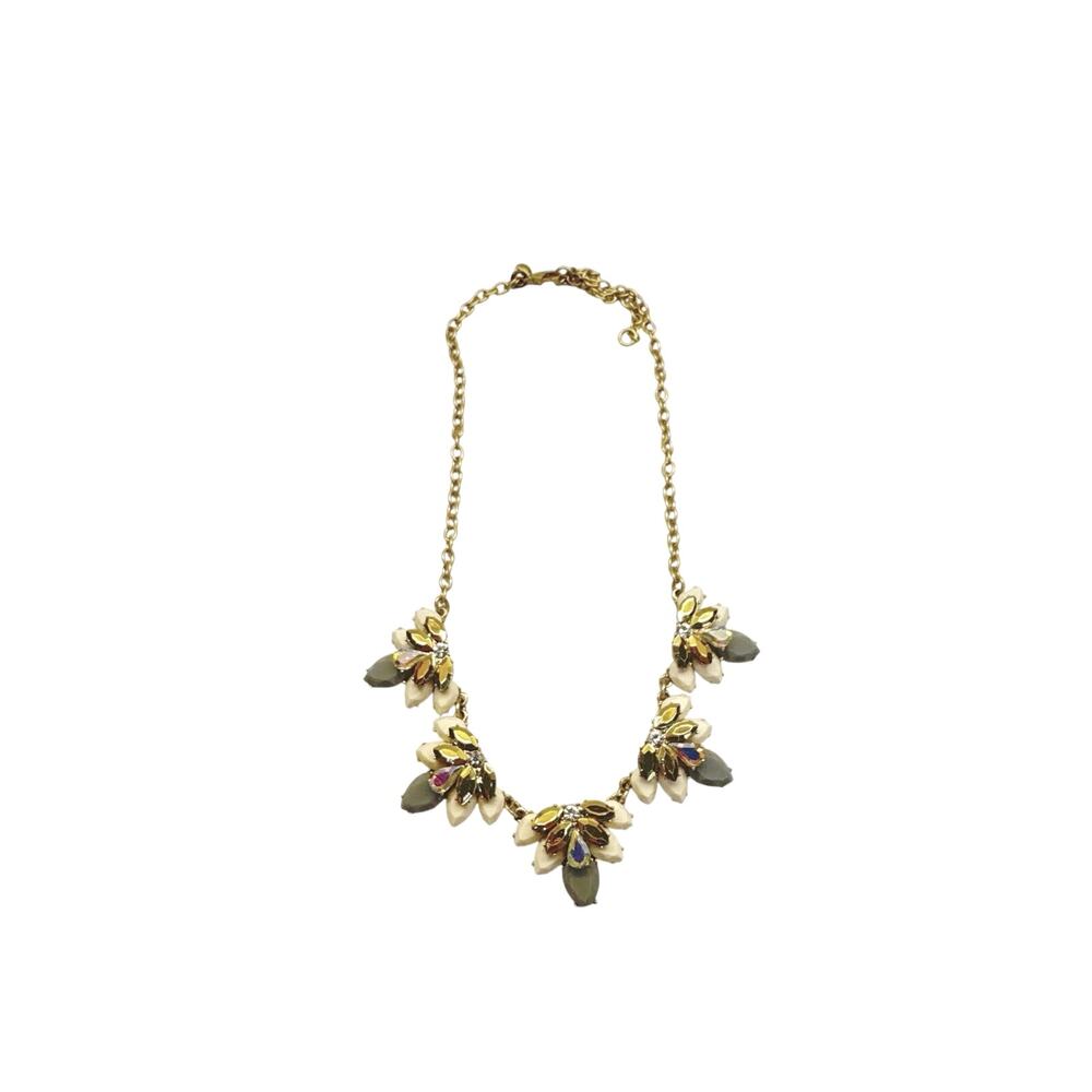 J Crew Gold Tone Floral Statement Necklace Crystal Rhinestone Gray Stone Cluster
